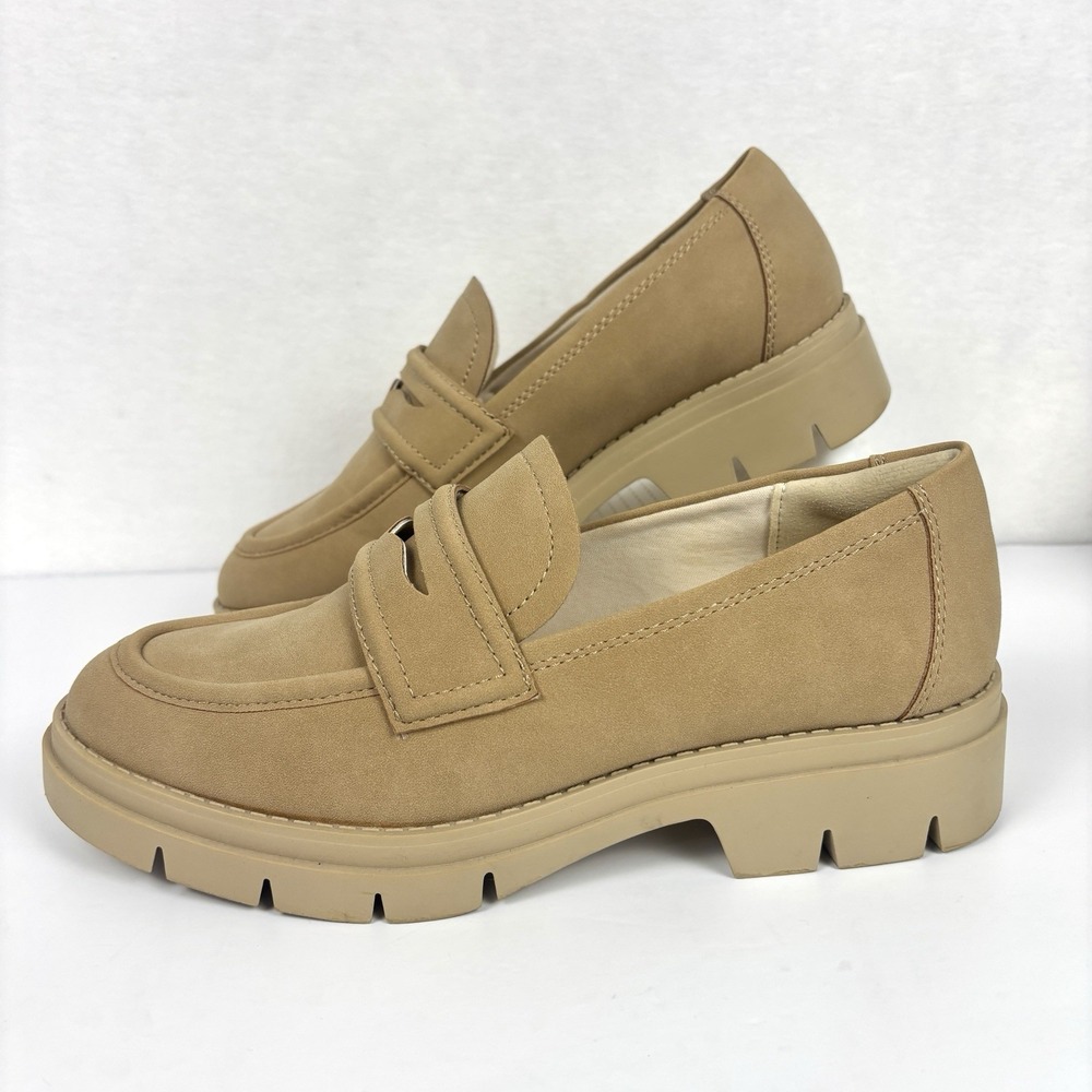 Jenn Ardor Women’s 9 Chunky Lug Sole Penny Loafers Beige Tan Faux Vegan Suede